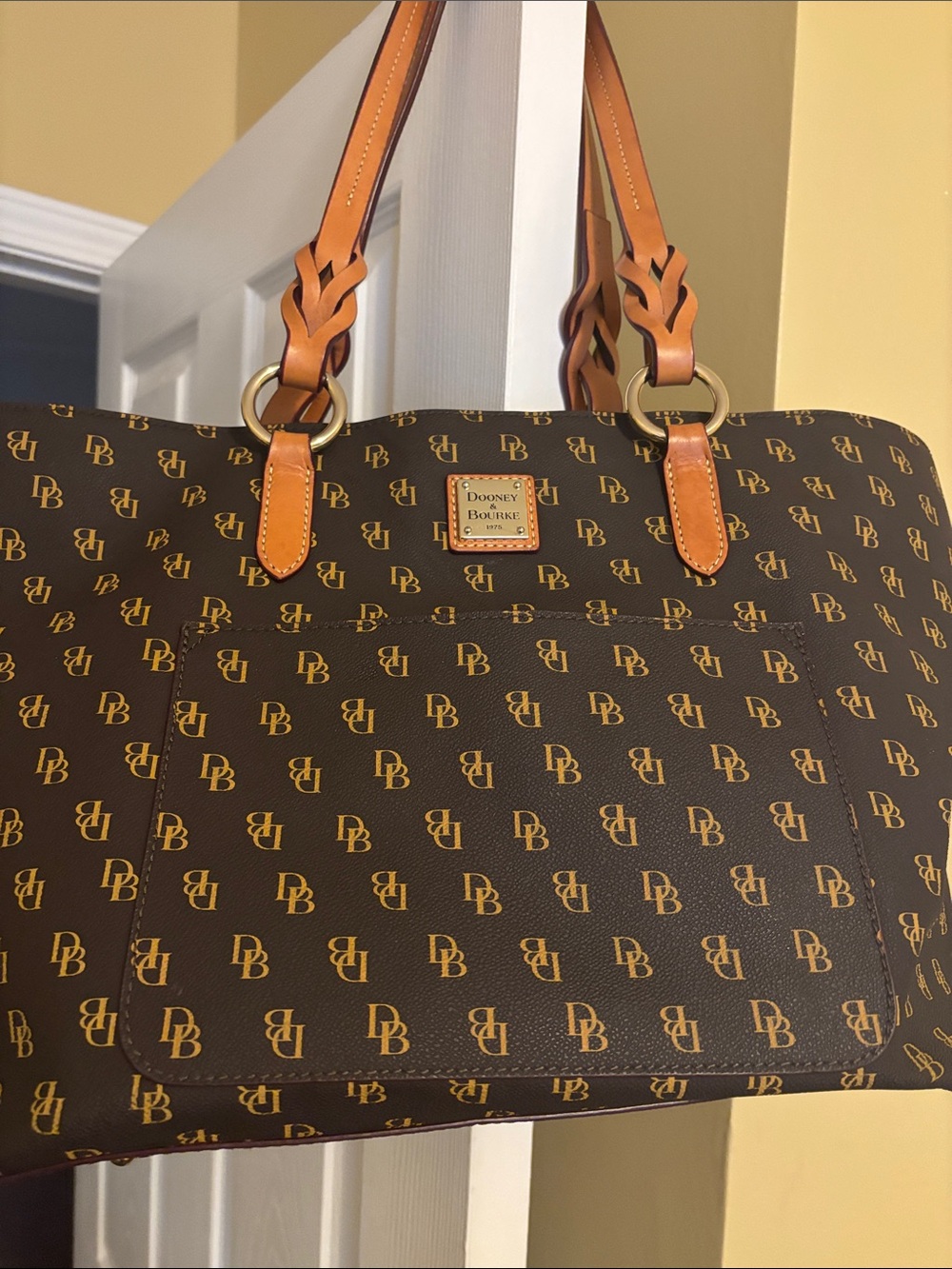 Dooney & Bourke Brown Tote with Tan Leather Handles and Gold Logo Accents